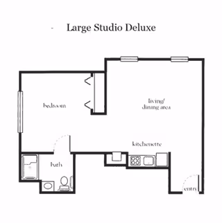 Floor plan labeled Large Studio Deluxe showing a bedroom, bath, kitchenette, living/dining area, and entry.