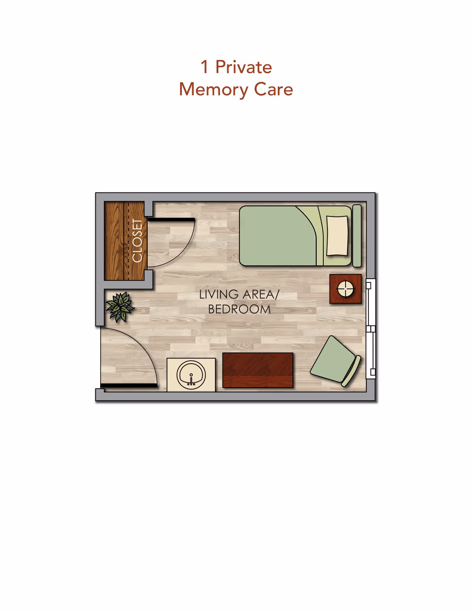 Floor plan of a private memory care room showing a living area/bedroom with a bed, nightstand, chair, table, closet, and a sink.