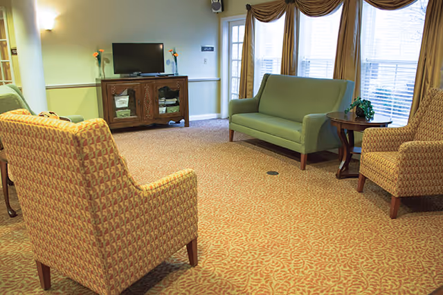 A cozy living room area with patterned carpet, two patterned armchairs, a green loveseat, a wooden side table with a plant, a wooden cabinet with a TV on top, and large windows with brown curtains allowing natural light to enter.