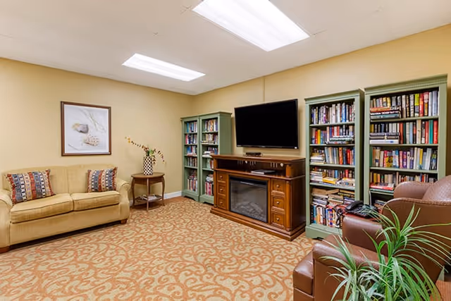 A cozy living room with a beige couch adorned with patterned pillows, a wooden side table with a vase of flowers, two green bookshelves filled with books, a wooden entertainment center with an electric fireplace, and a flat-screen TV mounted above it. There is also a brown leather armchair and a green plant in the foreground. The room has beige walls and a patterned carpet.