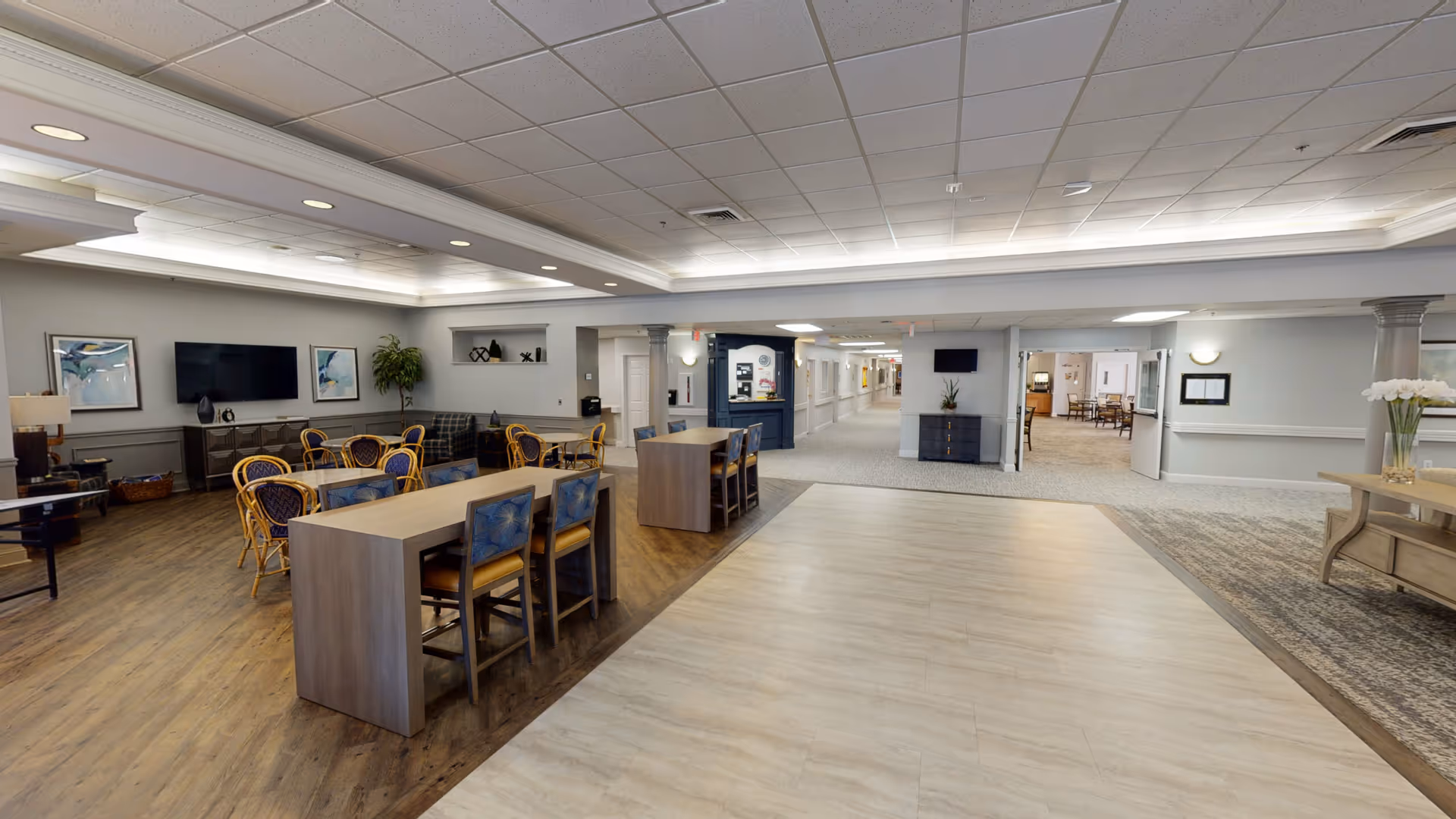 Interior view of a senior living facility common area with a mix of seating options including tables with chairs, a TV mounted on the wall, decorative plants, and artwork. The space has a combination of wood and tile flooring, a drop ceiling with recessed lighting, and a hallway leading to other rooms.