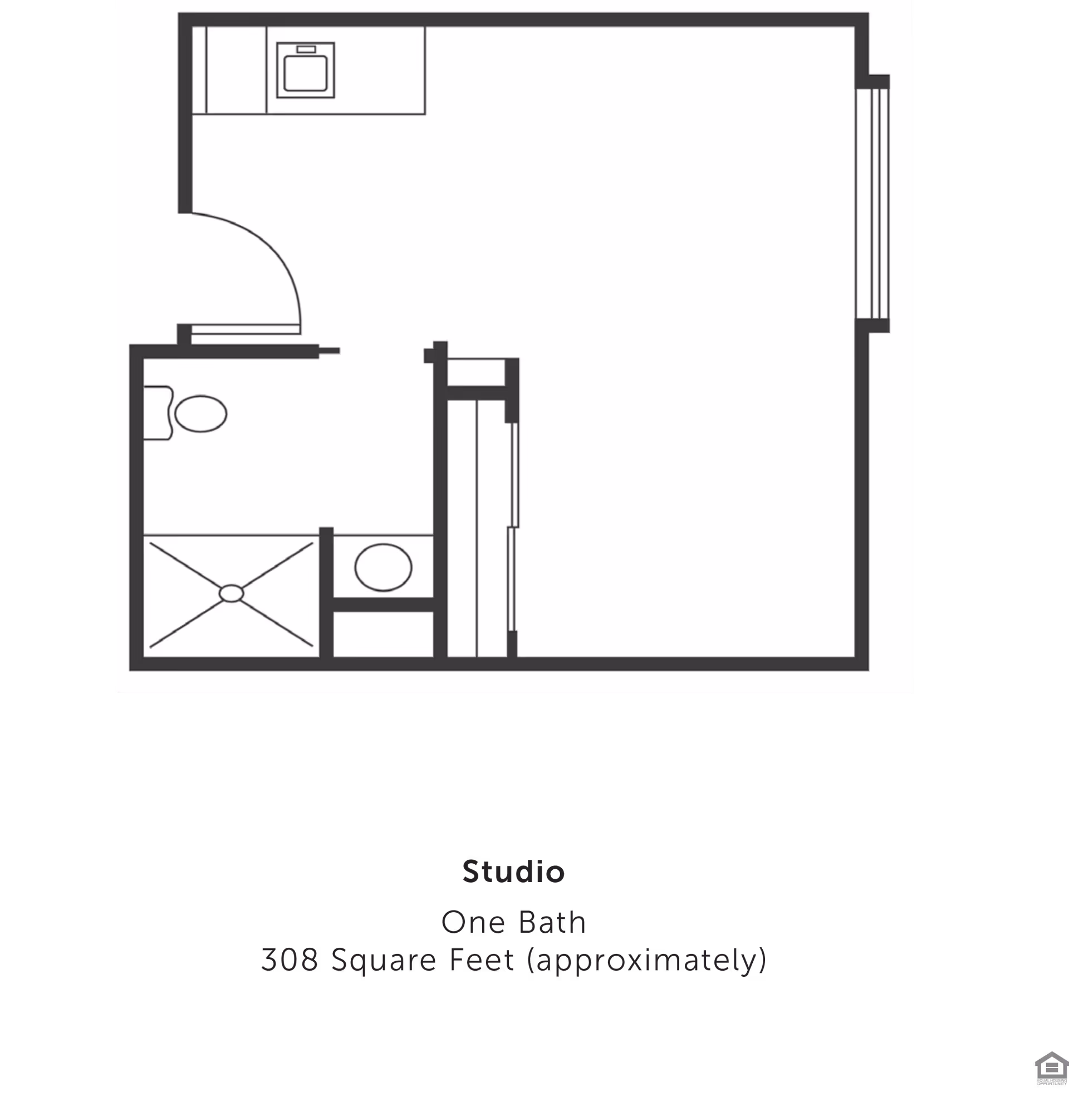 Floor plan of a studio apartment at Winkler Court showing one bathroom, a kitchen area, and an open living space. The layout includes a bathroom with a toilet, shower, and sink, a kitchen with a sink, and a main living area. The total area is approximately 308 square feet.