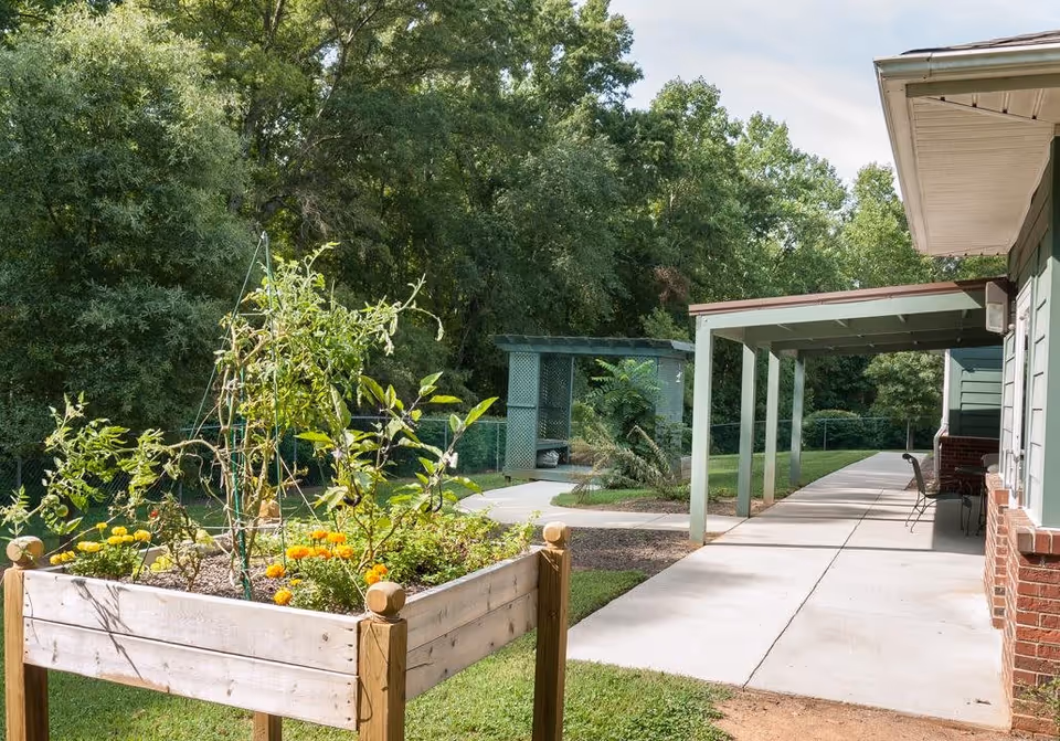 Outdoor garden area at Mint Hill Senior Living featuring a raised wooden planter box with various plants and flowers. A concrete walkway leads to a covered patio attached to a building, with trees and greenery in the background.