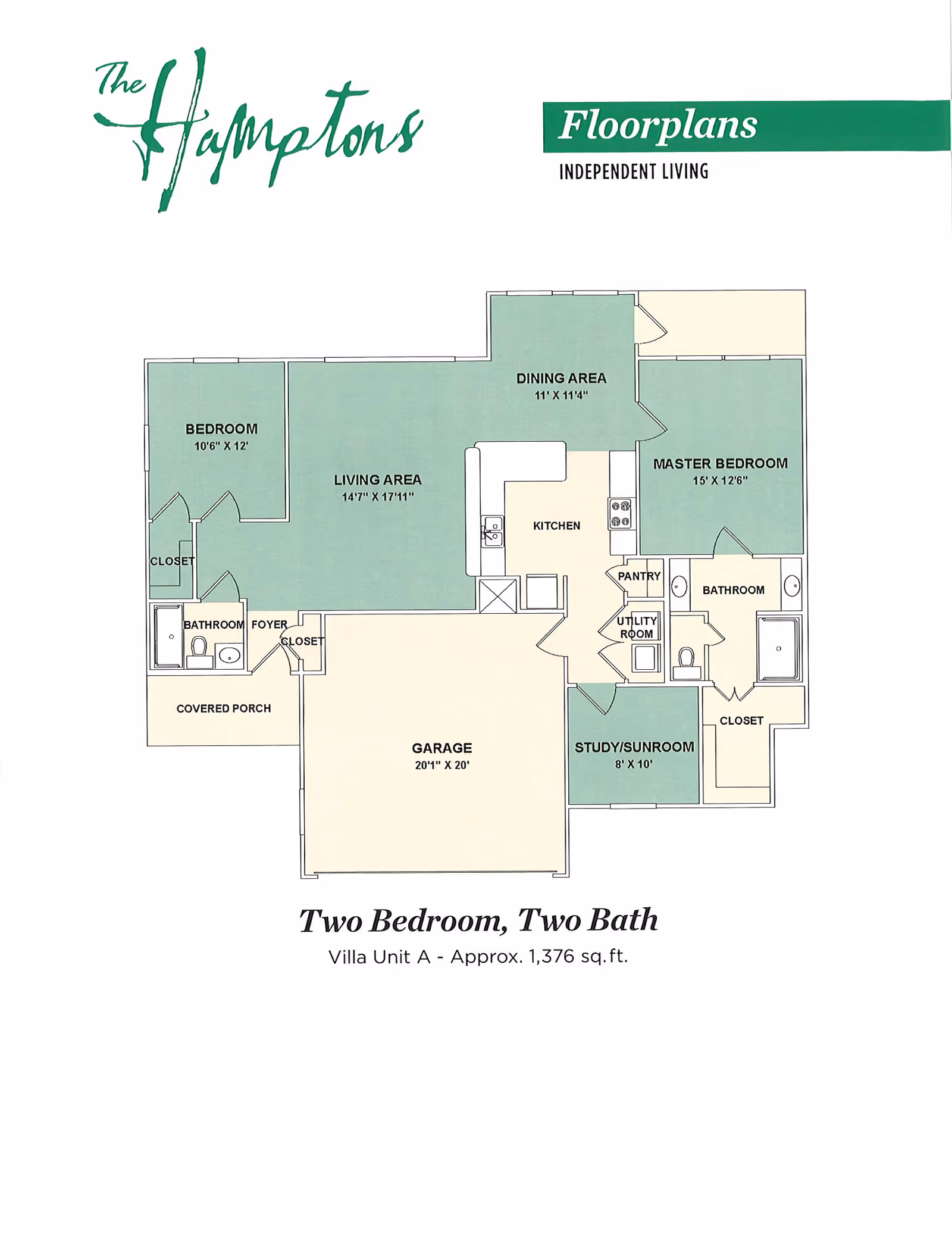 Floor plan of a two-bedroom, two-bath villa unit at The Hamptons at Greenridge Independent Living, showing labeled rooms including a living area, dining area, kitchen, master bedroom with bathroom and closet, second bedroom with closet, second bathroom, study/sunroom, utility room, pantry, foyer, covered porch, and garage.