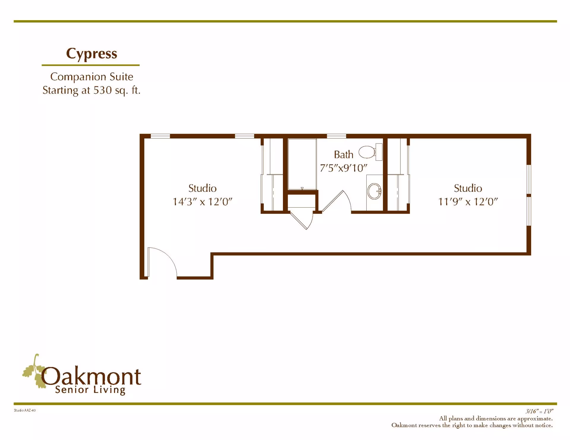 Floor plan of the Cypress companion suite at Oakmont Senior Living, showing two studio rooms measuring 14'3" x 12'0" and 11'9" x 12'0", with a shared bathroom measuring 7'5" x 9'10" in between. The layout includes doors and closets in each studio and the bathroom.
