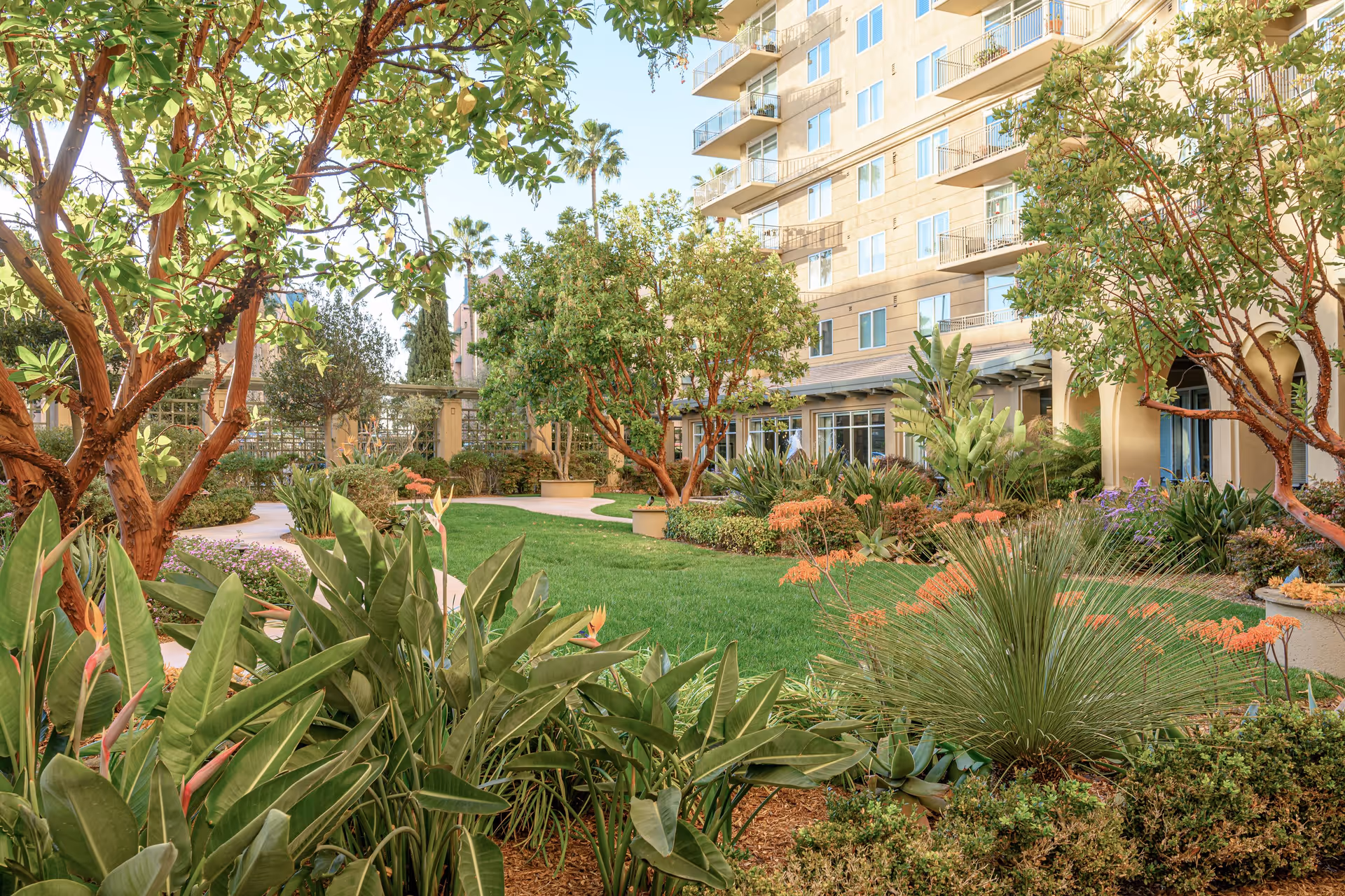 A landscaped outdoor garden area with lush green grass, various plants, trees, and shrubs. A multi-story building with balconies and large windows is visible in the background. The garden features curved walking paths and well-maintained flower beds.