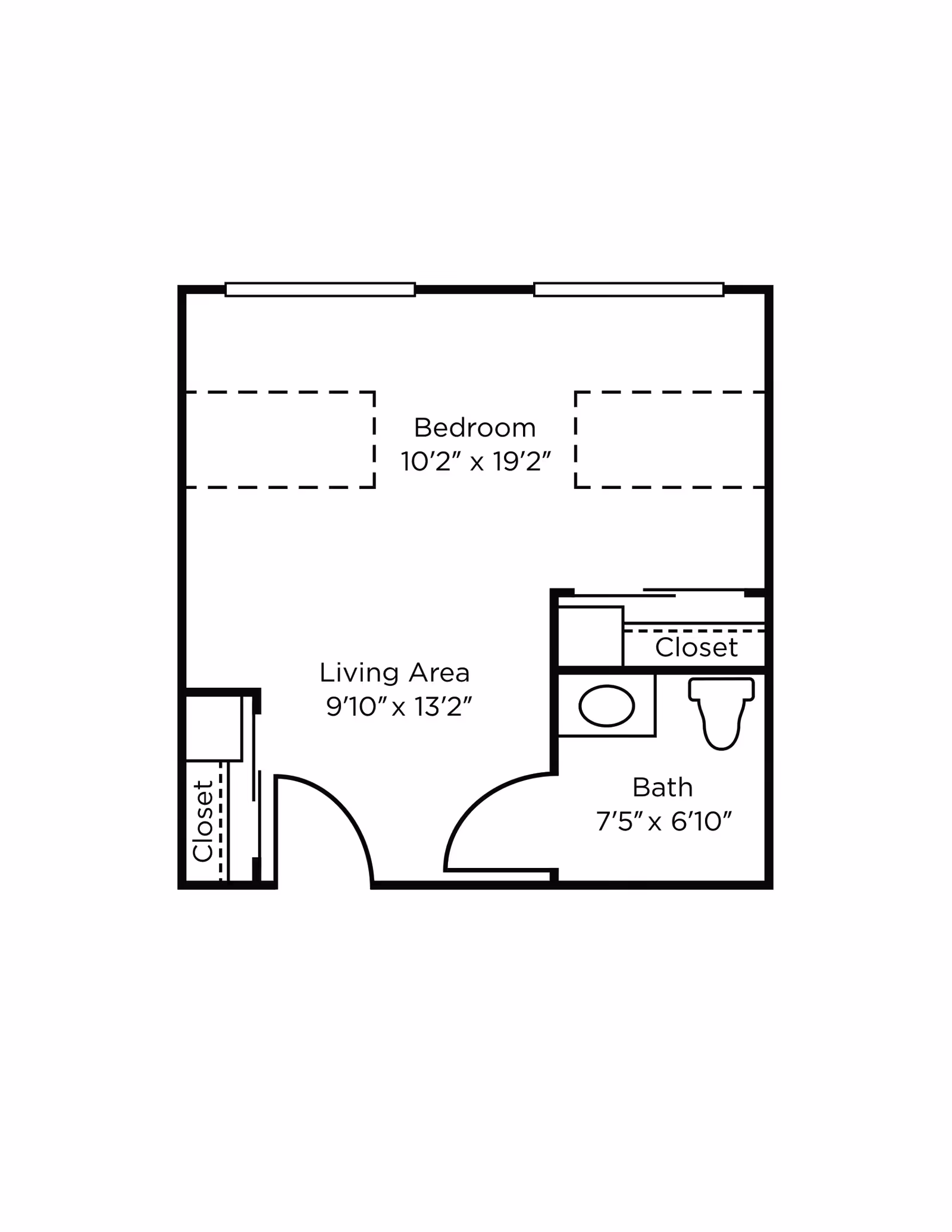 Floor plan layout of a living space at Brookdale Kettleman Lane showing a bedroom measuring 10 feet 2 inches by 19 feet 2 inches, a living area measuring 9 feet 10 inches by 13 feet 2 inches, a bathroom measuring 7 feet 5 inches by 6 feet 10 inches, and two closets.