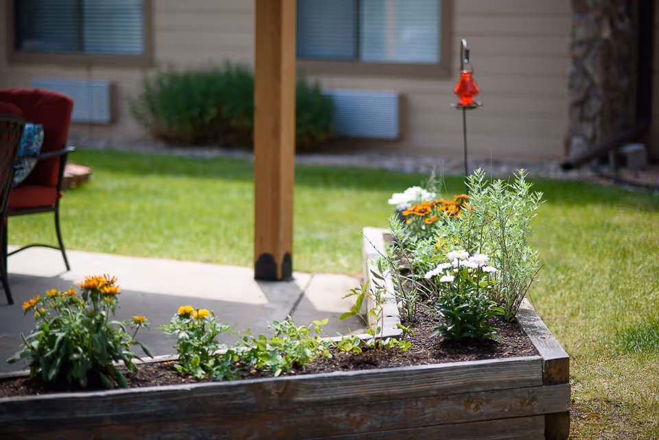 A raised wooden garden bed with various flowering plants and greenery, situated outdoors on a grassy lawn near a building. A red hummingbird feeder is hanging above the garden bed. Part of a patio with a red cushioned chair is visible on the left side.