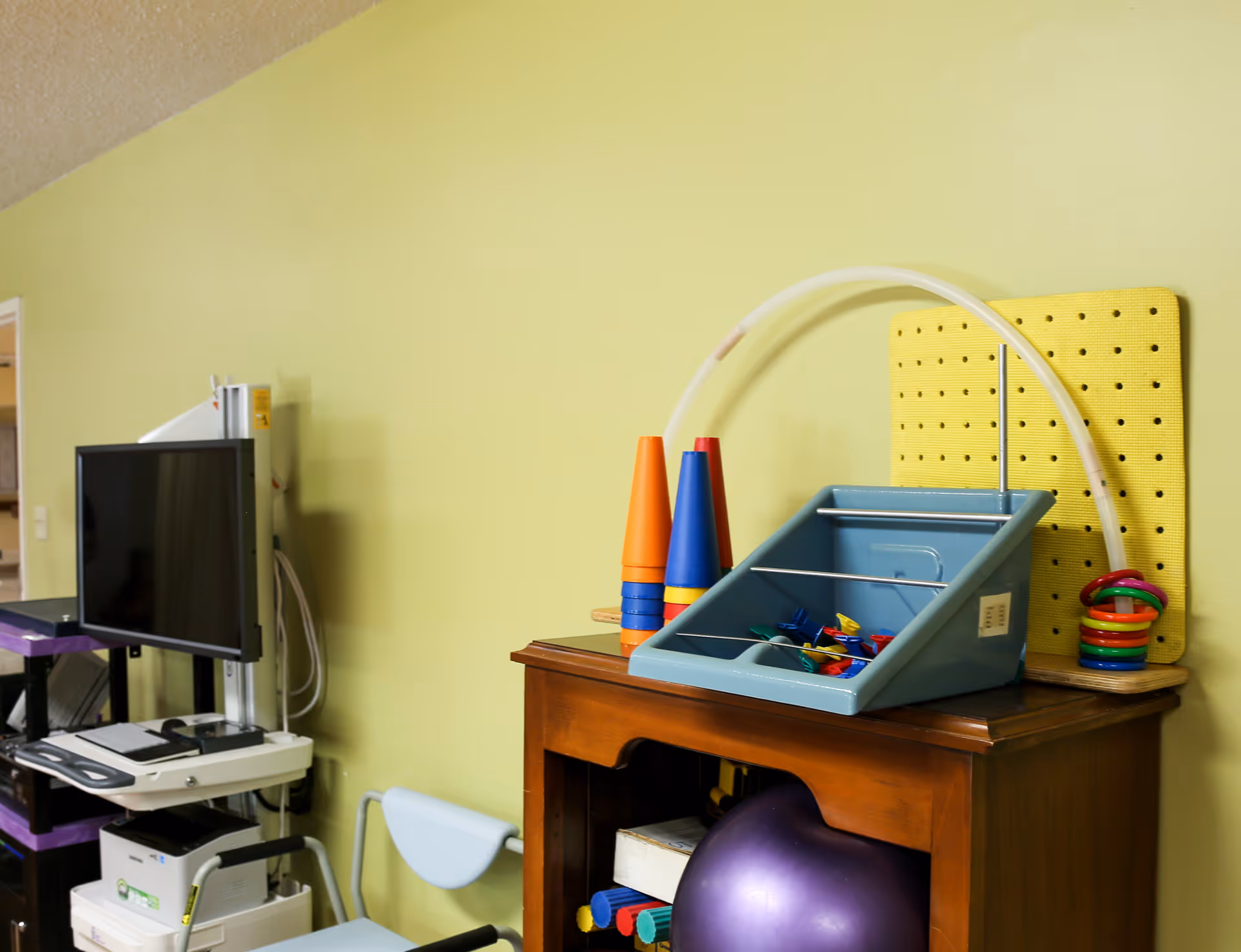 A therapy/activity corner with colorful toys, an exercise ball and a TV monitor against a light green wall.