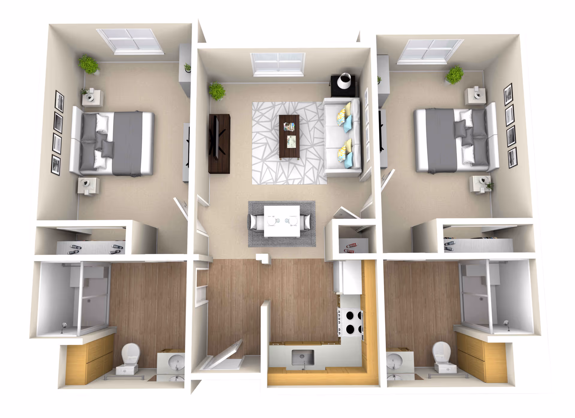 3D top-down floor plan of a two-bedroom apartment with a central living/dining area, kitchen, and two bathrooms.