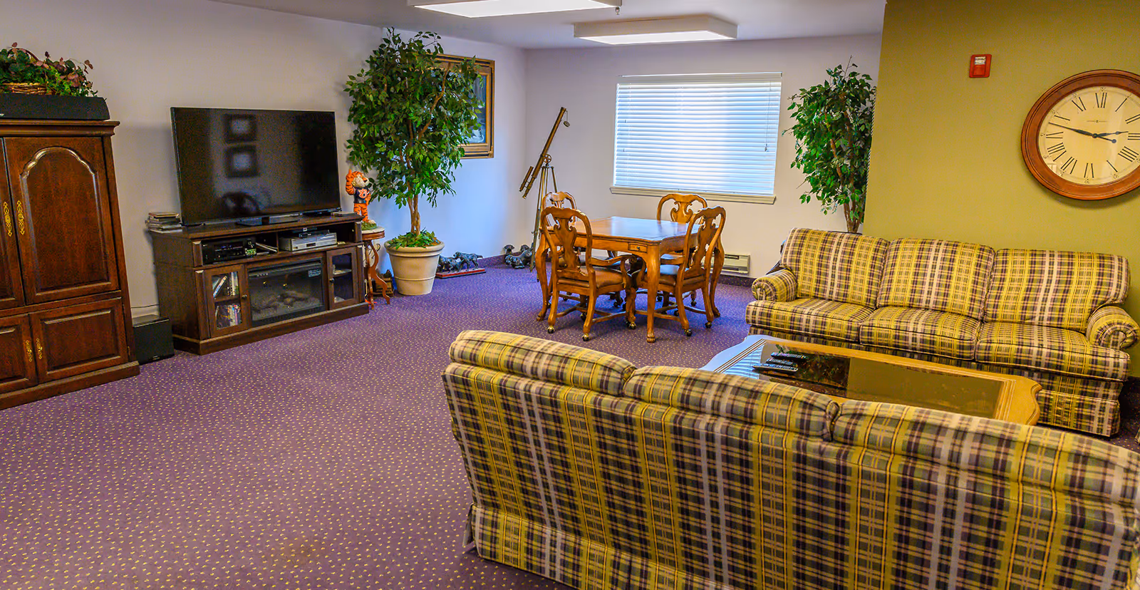 A cozy living room with two plaid sofas facing a wooden coffee table. A large flat-screen TV sits on a wooden entertainment center against the wall. There is a wooden dining table with four chairs near a window with blinds. Two large potted plants and a wall clock add decorative touches to the room.