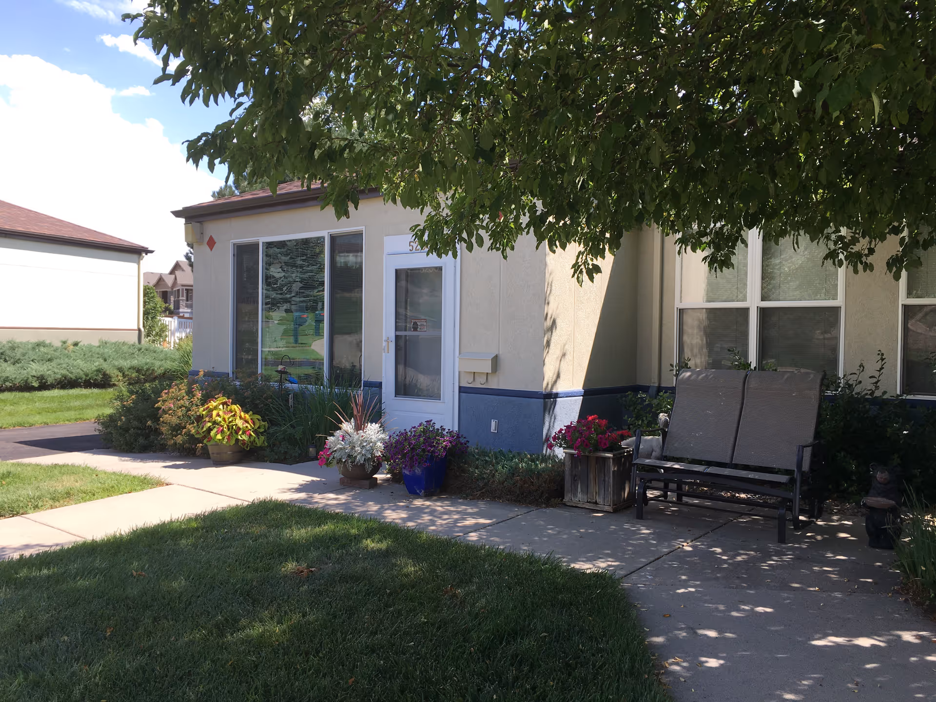 Front entrance of a low-rise building with a glass door, potted plants, and a bench shaded by a tree.