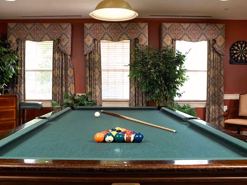 A billiards table with a cue stick and a rack of pool balls set up for a game in a room with three windows covered by patterned curtains, a hanging light above the table, and green plants near the windows.