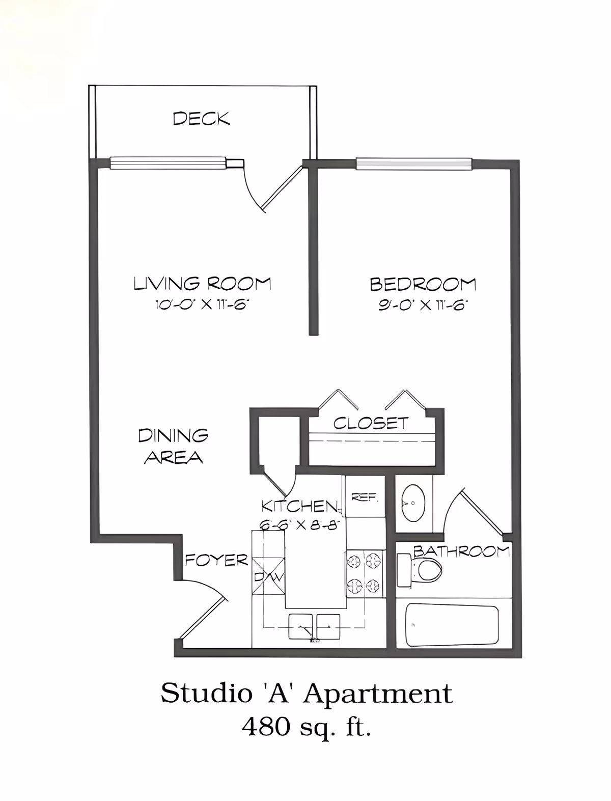 Floor plan of Studio 'A' Apartment at Country Club Village Retirement Community, showing a living room with deck, bedroom, dining area, kitchen, closet, bathroom, and foyer, totaling 480 square feet.