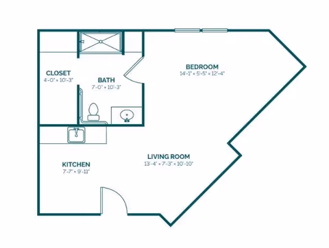 Architectural floor plan of a living space at Village on the Park Rogers showing a bedroom, living room, kitchen, bath, and closet with dimensions.