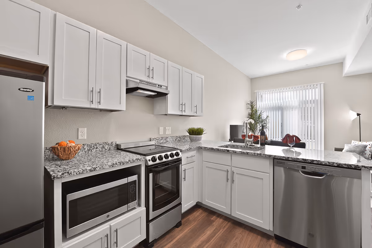 Modern kitchen with white cabinets, granite countertops, stainless steel appliances including a refrigerator, microwave, stove, and dishwasher. The kitchen opens up to a living area with a window covered by vertical blinds, a floor lamp, and some plants and decorative items on the counter.