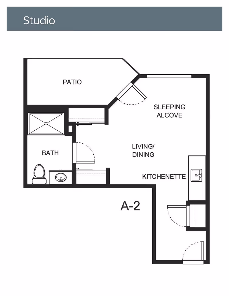 Floor plan of a studio apartment labeled A-2 at Holiday Redbud Hills, showing a patio, bath with toilet and sink, sleeping alcove, living/dining area, and kitchenette.
