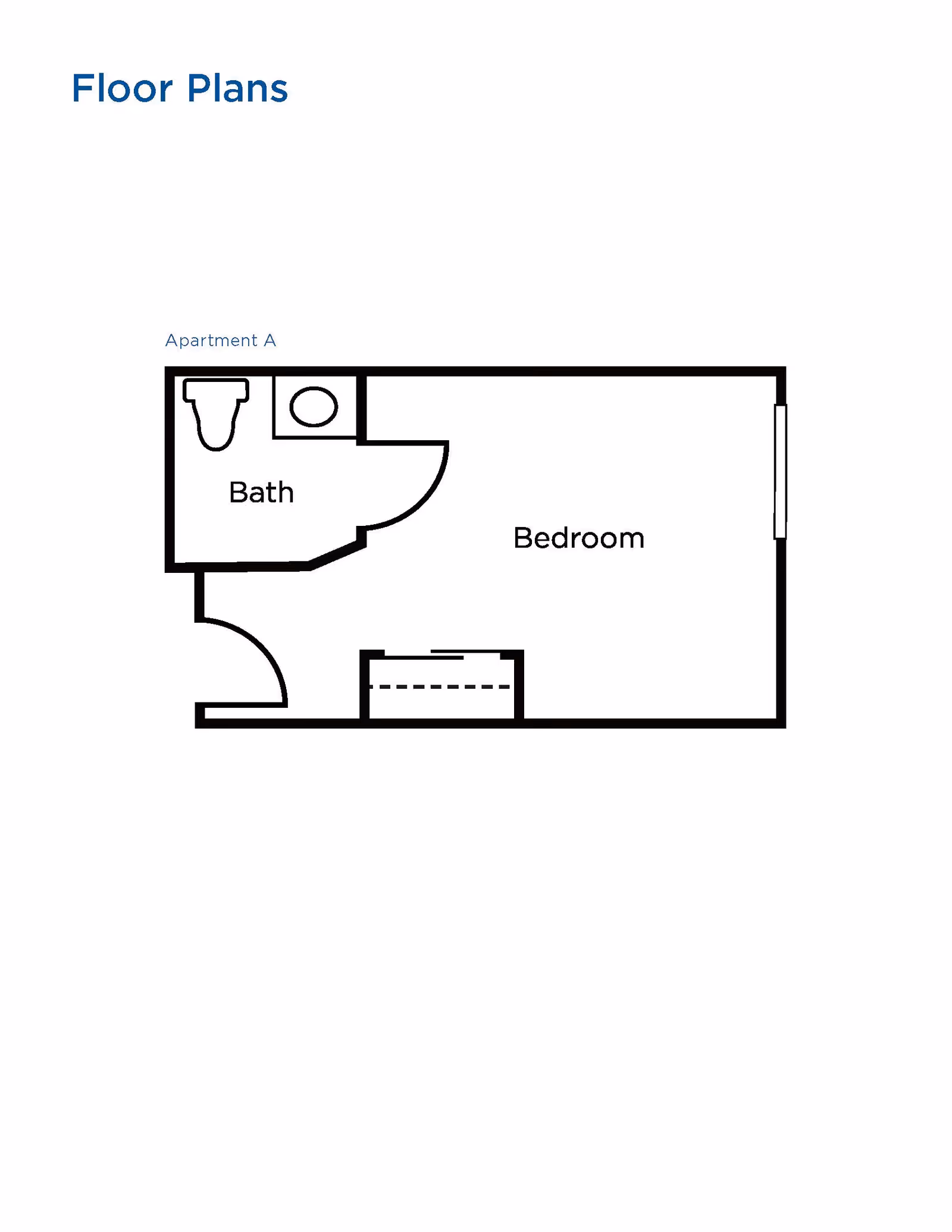 Floor plan of Apartment A showing a bedroom and a bathroom with a toilet and sink.
