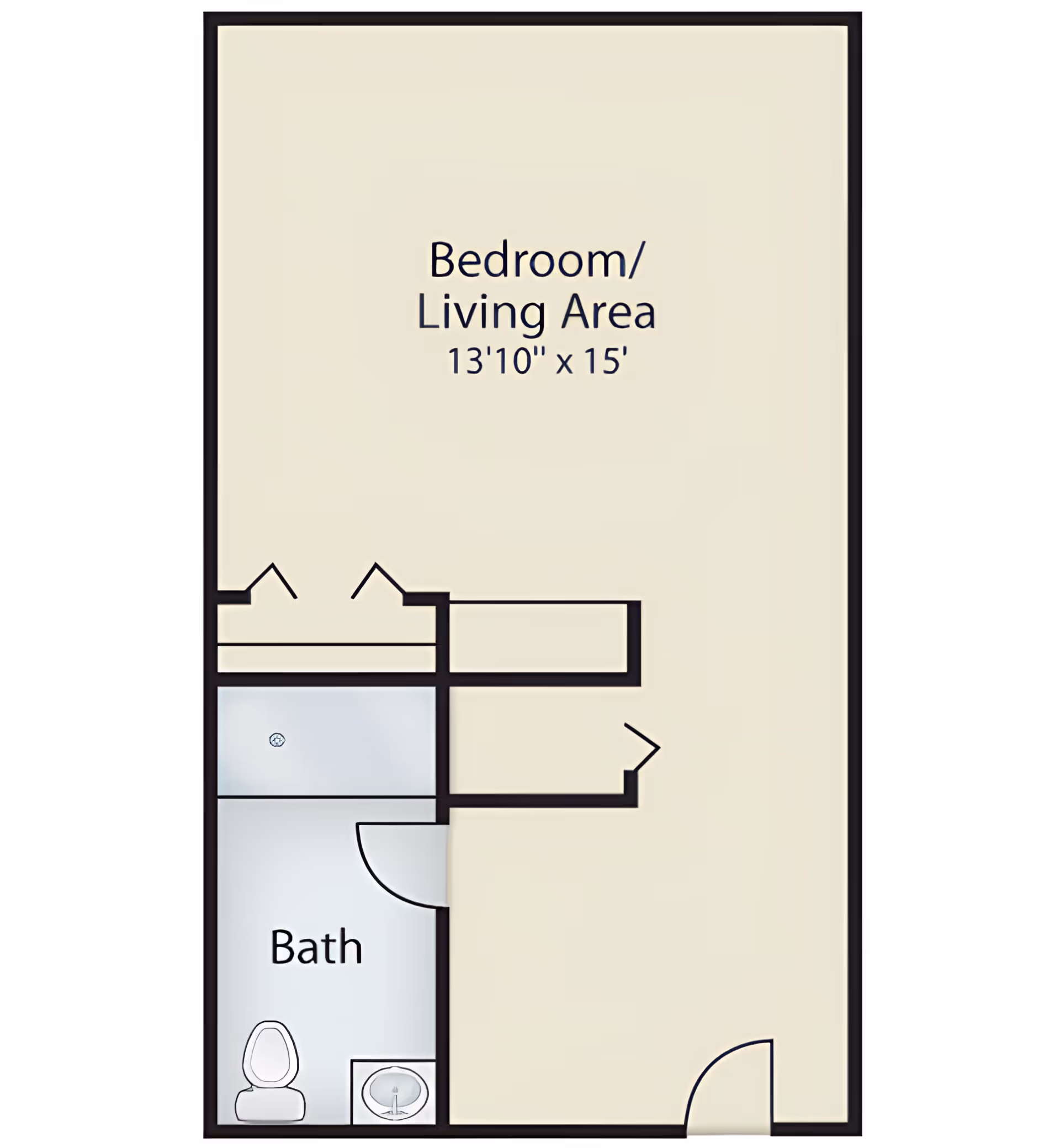 Floor plan layout showing a combined bedroom and living area measuring 13 feet 10 inches by 15 feet, with an adjacent bathroom that includes a toilet and sink.