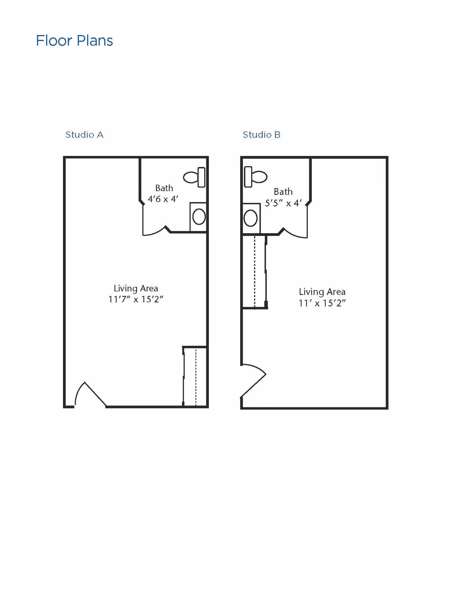 Floor plans for two studio apartments labeled Studio A and Studio B. Studio A features a living area measuring 11 feet 7 inches by 15 feet 2 inches and a bathroom measuring 4 feet 6 inches by 4 feet. Studio B features a living area measuring 11 feet by 15 feet 2 inches and a bathroom measuring 5 feet 5 inches by 4 feet.