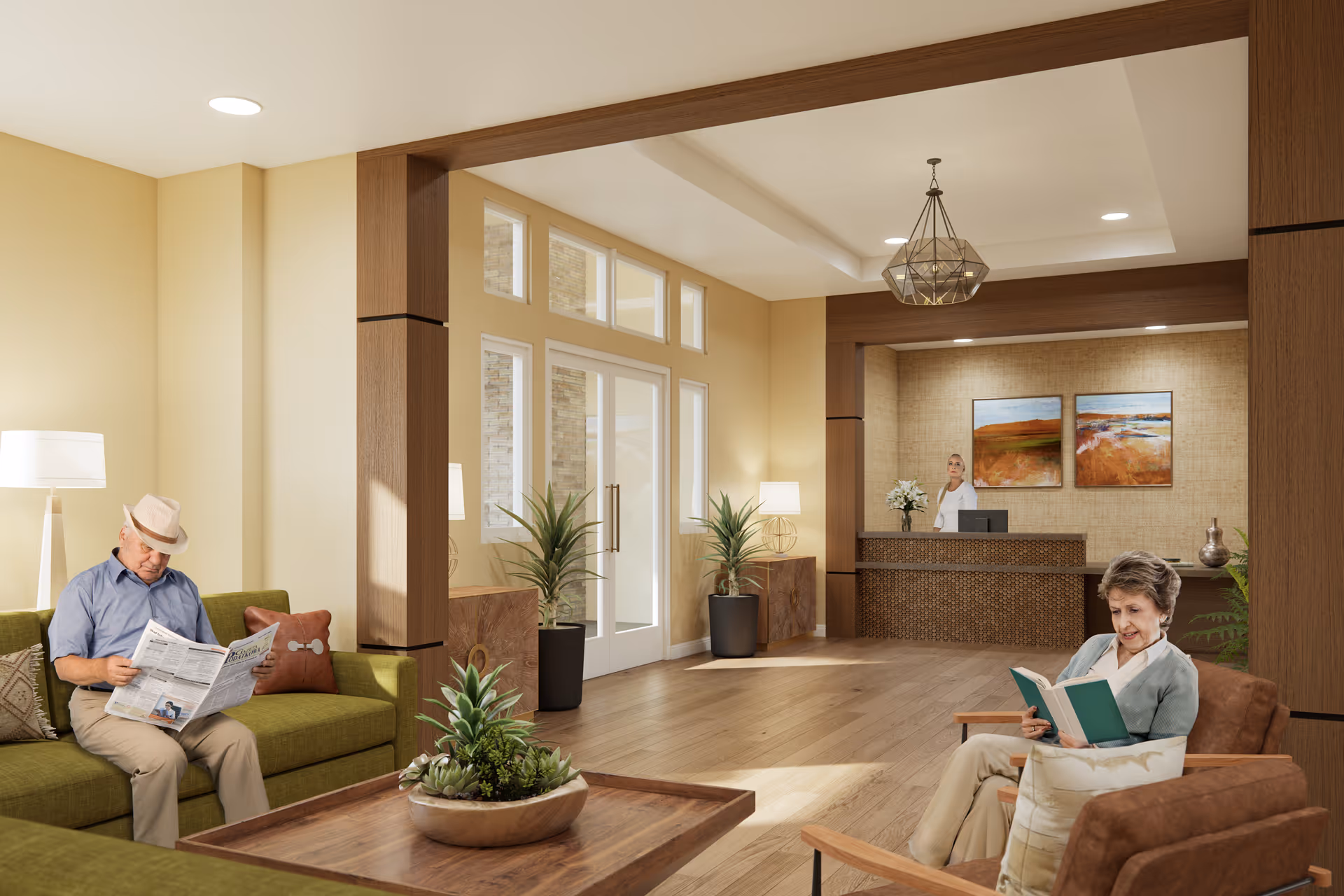 A bright senior living lobby with two residents seated and reading while a receptionist stands behind the front desk.