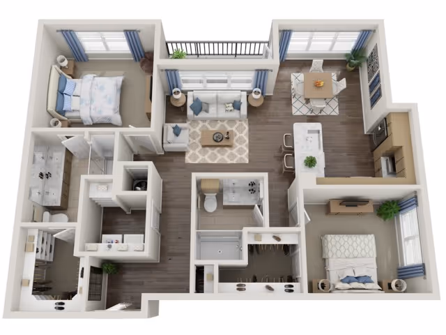 3D floor plan of a two-bedroom apartment featuring a living room with sofa and coffee table, a dining area with a table and chairs, a kitchen with an island and bar stools, two bedrooms each with a bed and nightstands, two bathrooms, and closets. The layout includes windows with blue curtains and hardwood flooring in common areas.