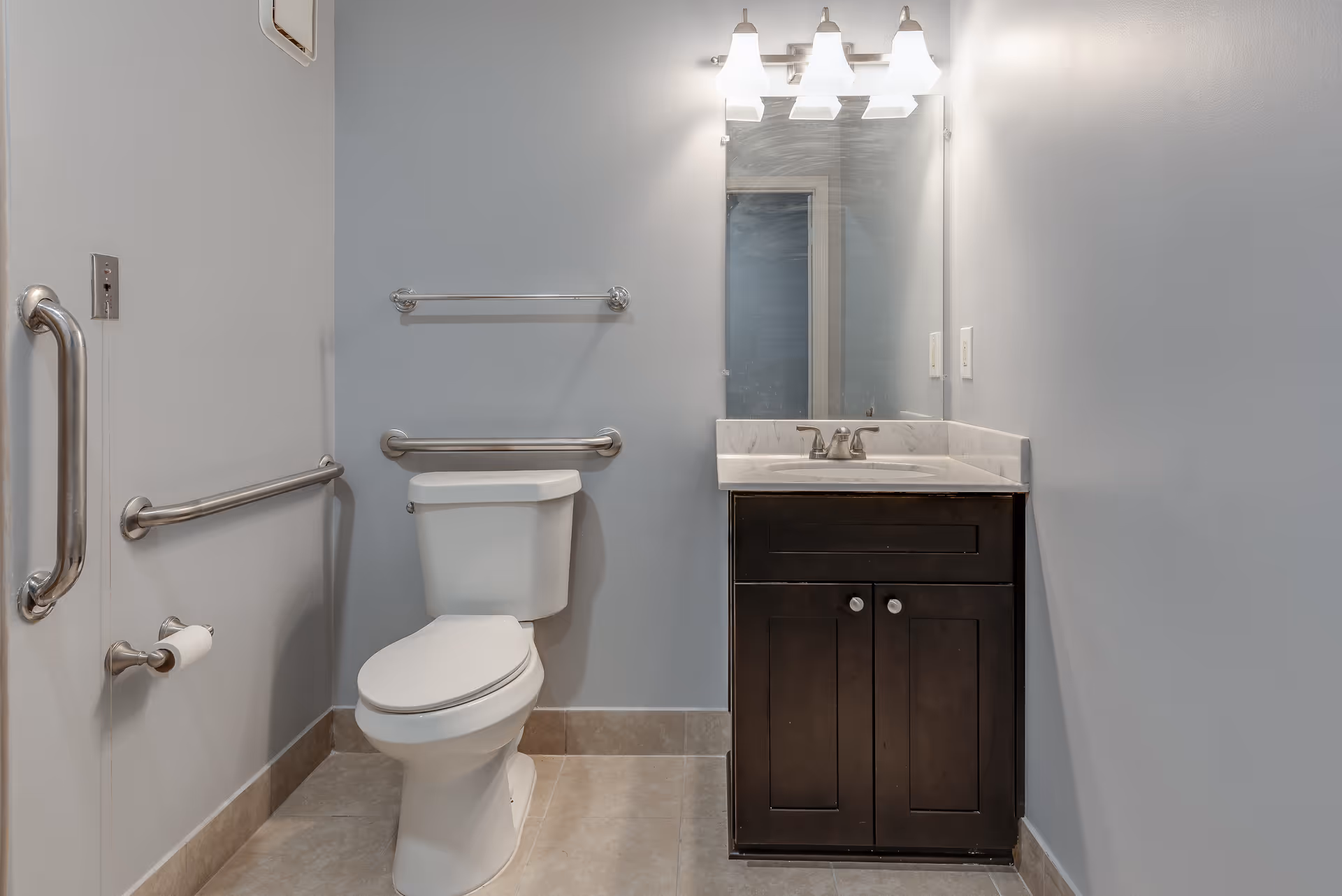 Accessible restroom with a toilet, stainless steel grab bars, and a dark wood vanity with mirror and light fixture.