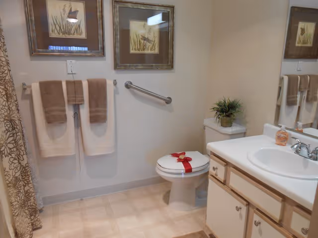 A clean bathroom with a toilet decorated with a red ribbon, a white sink with a soap dispenser, a small plant on the toilet tank, two framed pictures on the wall, and two sets of towels hanging on towel racks. The floor has light-colored tiles and there is a shower curtain with a floral pattern on the left side.