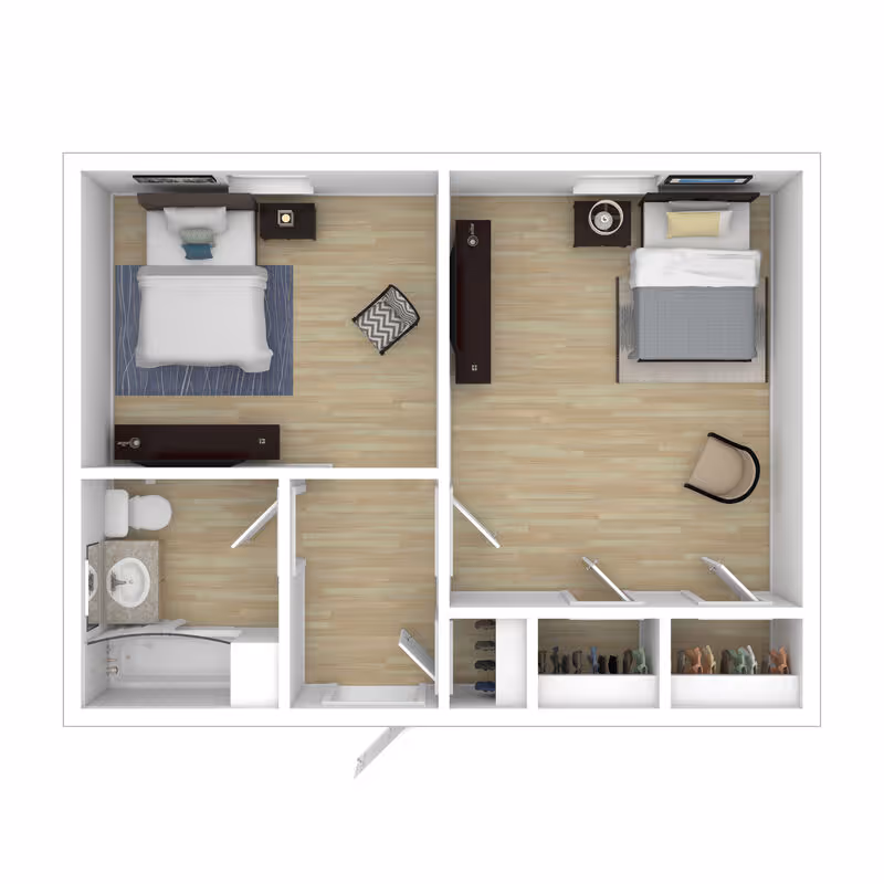 Top-down floor plan of a two-bedroom apartment with a bathroom, closets, and furniture.
