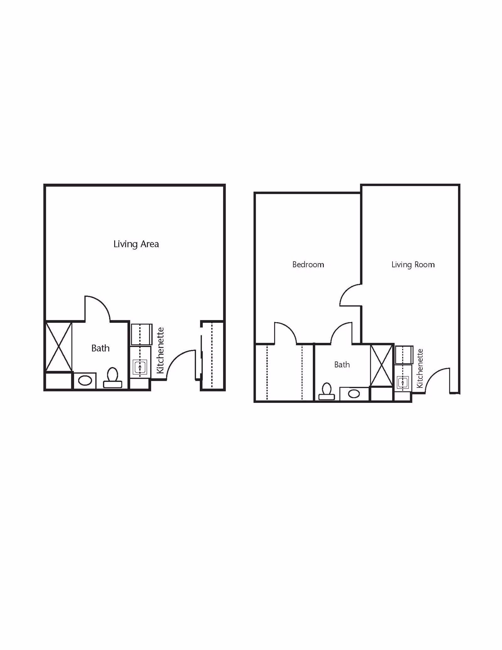 Floor plan showing two apartment layouts. The left layout includes a living area, bath, and kitchenette. The right layout includes a bedroom, living room, bath, and kitchenette.