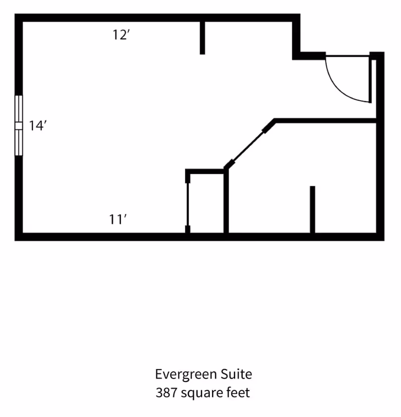 Floor plan layout of the Evergreen Suite at The Waterford at Park Falls, showing room dimensions and total area of 387 square feet.