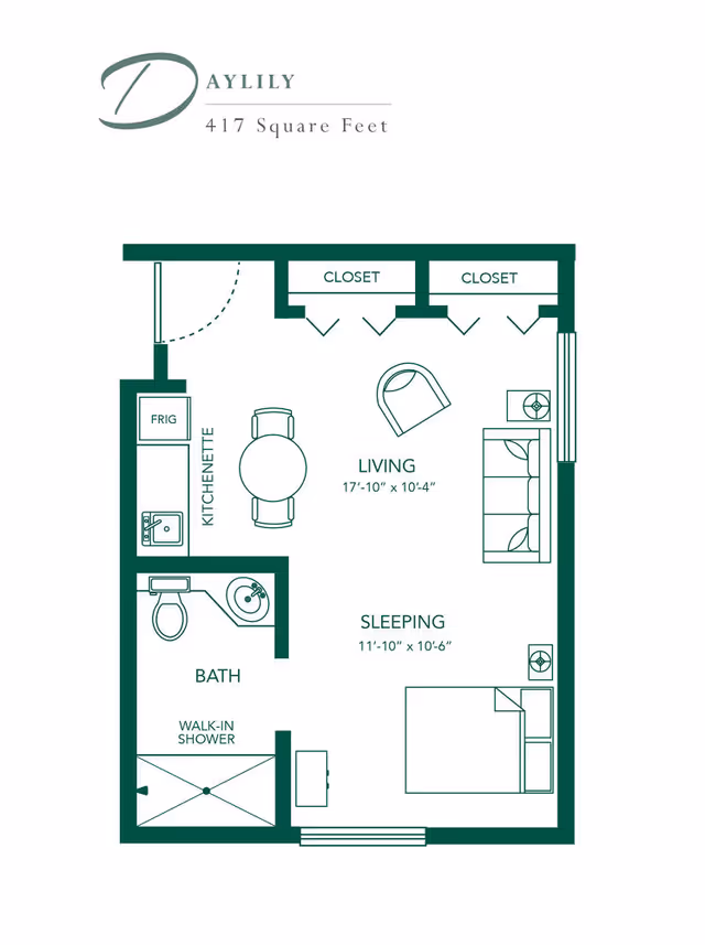 Floor plan of a 417 square feet apartment named Daylily, showing a kitchenette with fridge and sink, a living area with a round table, chair, and sofa, a sleeping area with a bed and nightstands, a bathroom with a toilet, sink, and walk-in shower, and two closets.