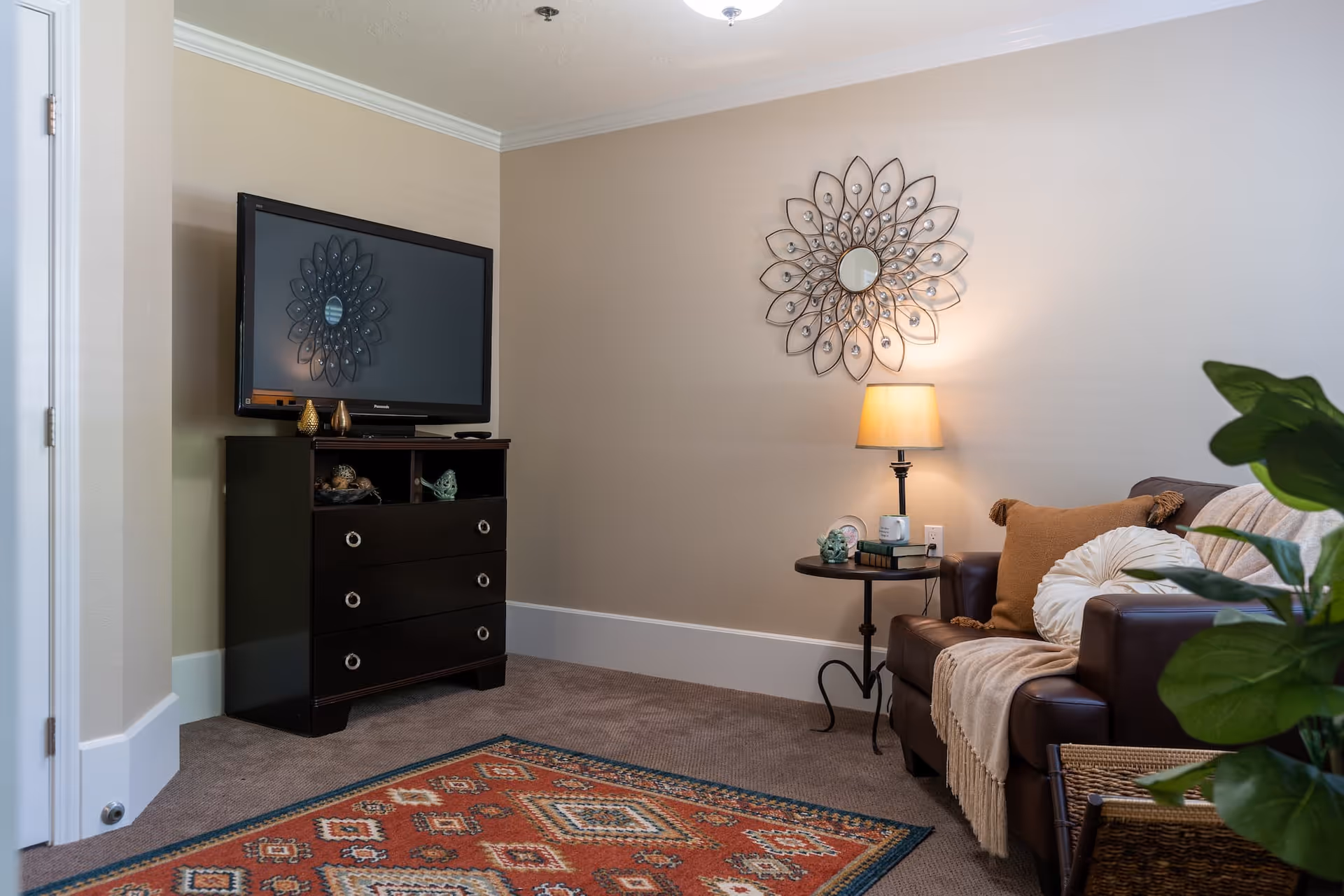 Cozy living room with a TV on a dark cabinet, a leather armchair with pillows and a side table lamp, decorative wall mirror, and patterned rug.