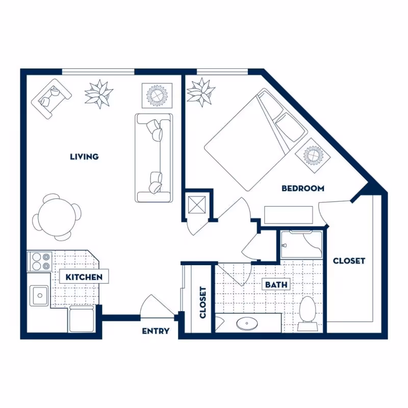 Architectural floor plan of a one-bedroom apartment at Fairwinds - Rio Rancho, showing labeled areas including living room with sofa and chairs, kitchen with appliances, bedroom with bed and nightstand, bathroom with sink, toilet, and shower, entryway, and two closets.