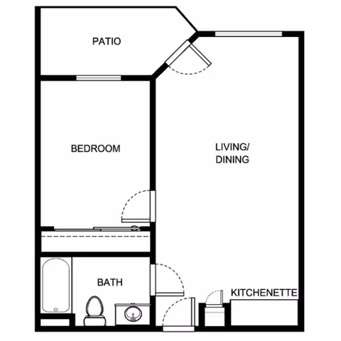Black-and-white floor plan of a one-bedroom apartment showing a patio, bedroom, bathroom, kitchenette, and combined living/dining area.