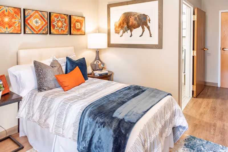 A cozy bedroom with a neatly made bed featuring white and gray bedding, multiple decorative pillows in gray, blue, and orange, and a blue throw blanket. On the wall above the bed are four colorful square art pieces with geometric patterns. A bedside table with a lamp, books, and a small decorative item is next to the bed. Another framed artwork of a buffalo is hung on the adjacent wall. The room has wooden flooring and an open door leading to another room.