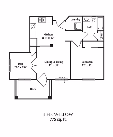 Floor plan of a senior living apartment named The Willow, showing a den, kitchen, dining and living area, bedroom, bathroom, laundry, linen closet, and a deck. The total area is 775 square feet.