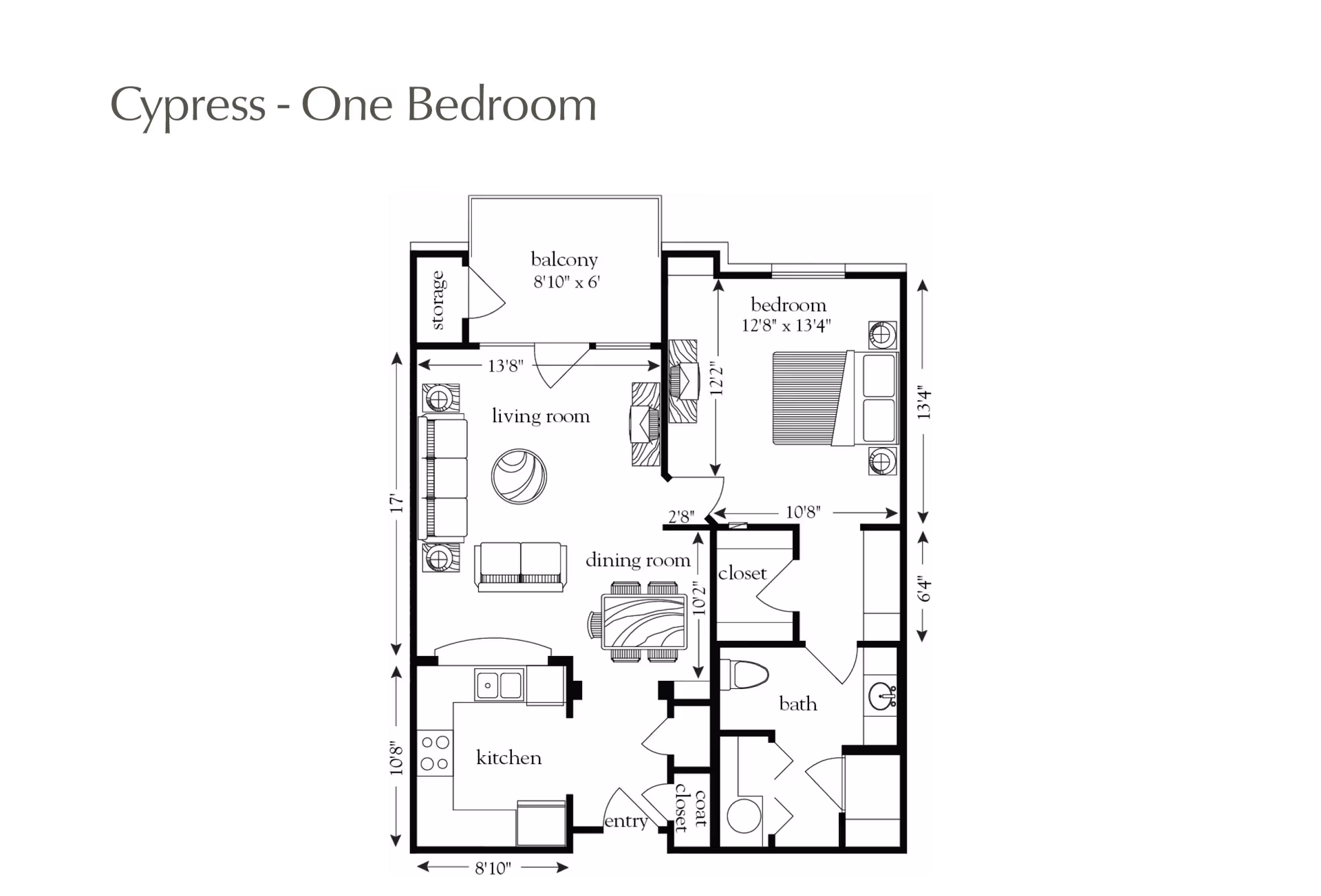 Floor plan layout of a one-bedroom apartment named Cypress, showing a balcony, living room, dining room, kitchen, bedroom, bath, storage, coat closet, and closet with dimensions.