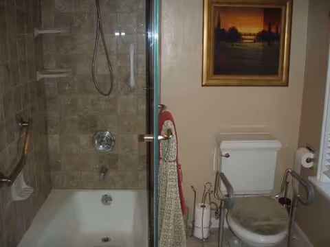 Bathroom with a tiled shower, bathtub, toilet, grab bars, towel, and framed painting.