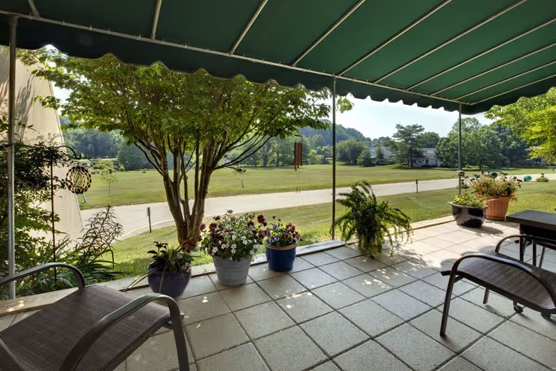 Covered patio area with tiled floor, several potted plants, and two chairs. The patio overlooks a grassy area with trees and a road in the background under a clear sky.