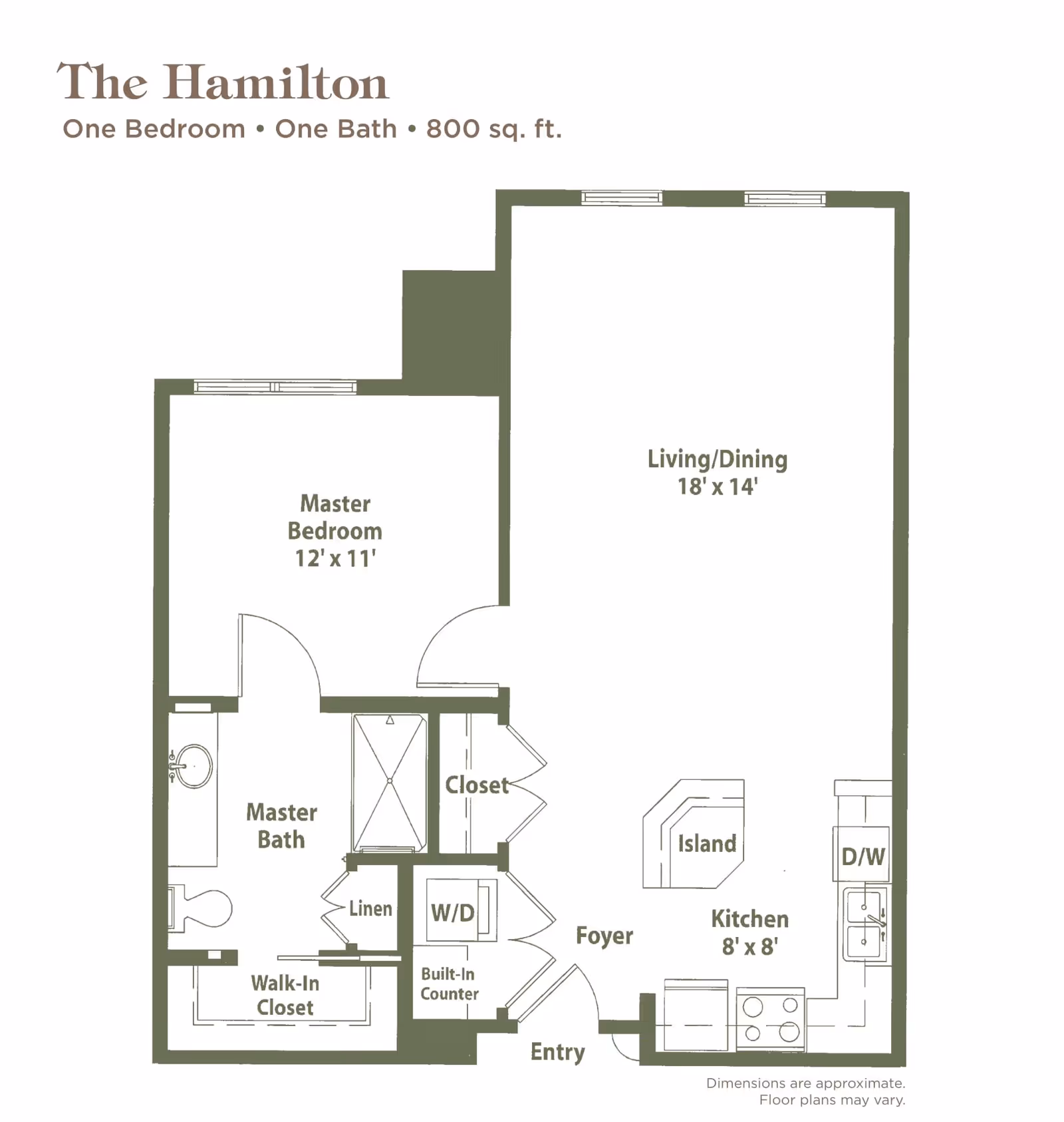 Floor plan of The Hamilton apartment at The Village at Gleannloch Farms, featuring one bedroom, one bathroom, and 800 square feet. The layout includes a master bedroom measuring 12 by 11 feet, a master bath, a walk-in closet, a linen closet, a washer/dryer area, a foyer, an entry, a kitchen with an island measuring 8 by 8 feet, and a living/dining area measuring 18 by 14 feet.