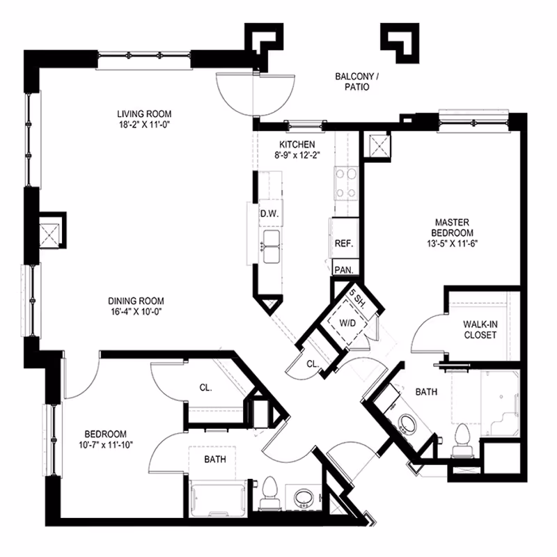 Architectural floor plan of a residential unit at The Heritage at Brentwood showing a living room, dining room, kitchen, master bedroom with walk-in closet and bath, a second bedroom, a second bath, closets, and a balcony/patio.