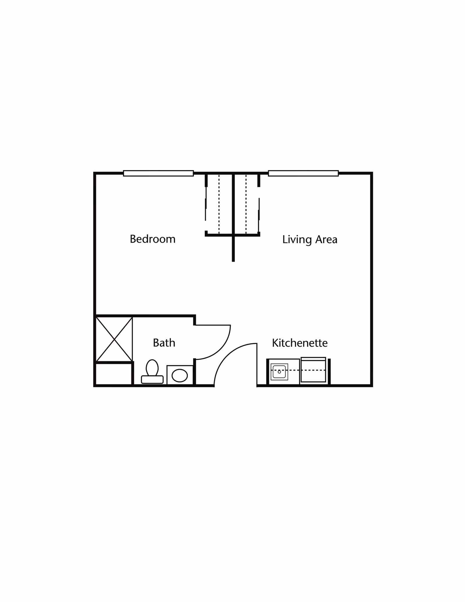 Floor plan layout of a living space with labeled areas including a bedroom, living area, bath, and kitchenette.