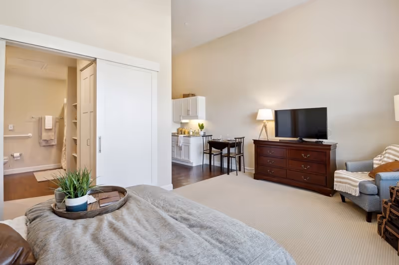 A spacious bedroom with a bed covered in a gray blanket and a tray with plants on it. To the right, there is a wooden dresser with a flat-screen TV and a lamp on top. Next to the dresser is a comfortable armchair with a striped throw blanket and a pillow. In the background, there is a small dining area with a table and two chairs, and a kitchenette with white cabinets. To the left, an open sliding door reveals a bathroom with towels hanging on the wall and a toilet paper holder.
