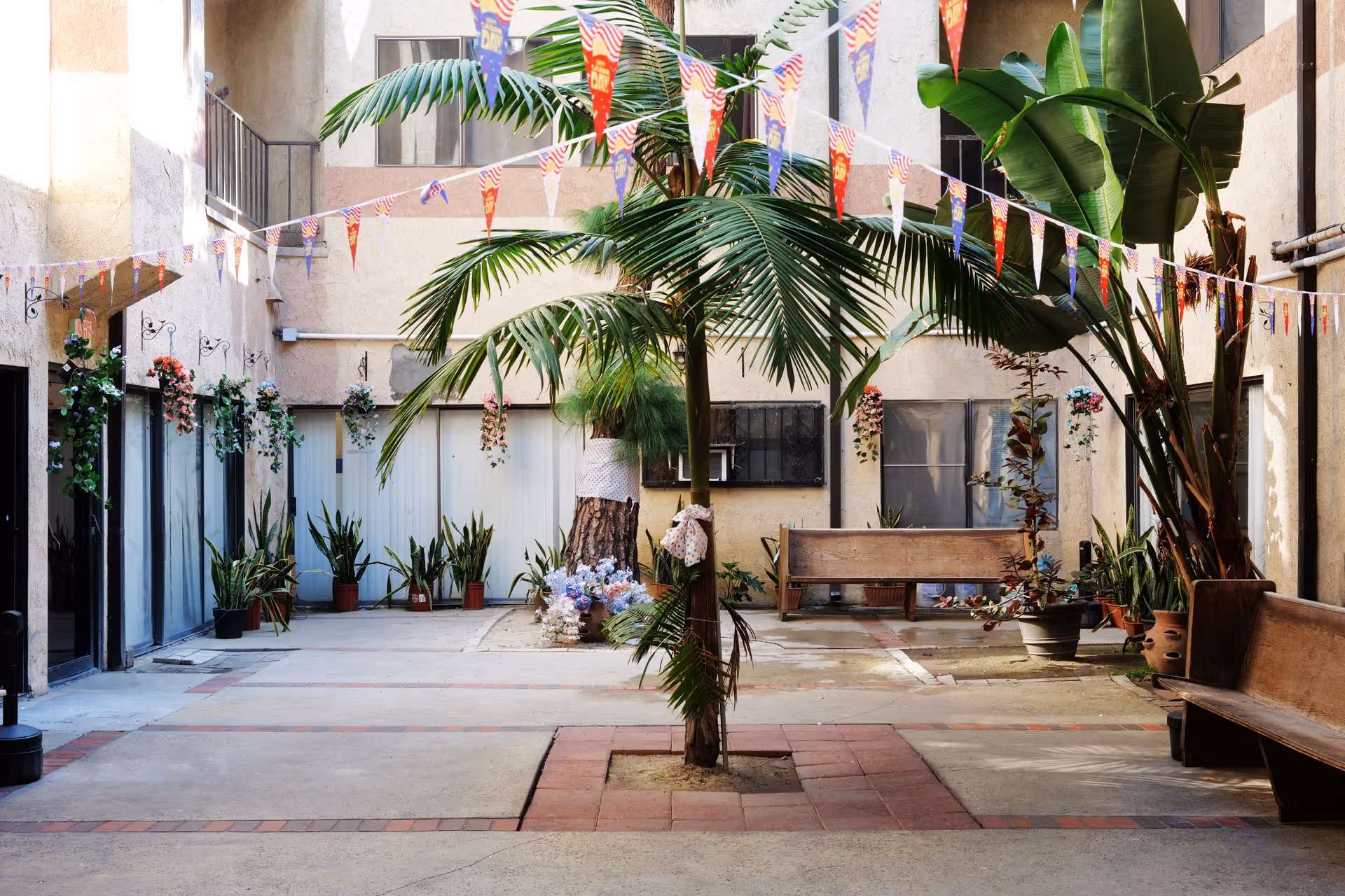 An outdoor courtyard area with a central palm tree surrounded by potted plants and benches. Colorful triangular flags are strung overhead, and the courtyard is enclosed by beige walls with windows and doors.
