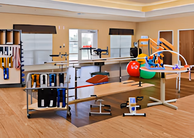 Interior rehabilitation/exercise room with parallel bars, therapy equipment, and colorful exercise balls.