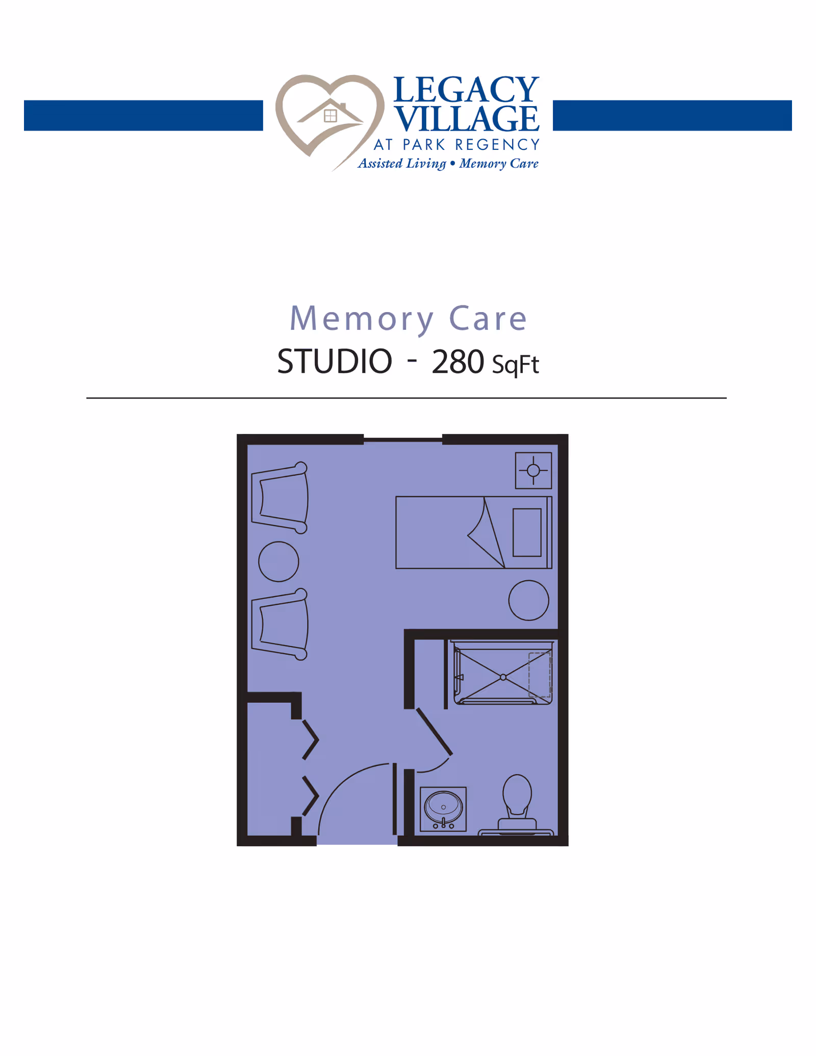 Floor plan of a memory care studio apartment at Legacy Village at Park Regency, showing a 280 square feet layout with a bed, two chairs, a small table, and a bathroom with a shower, sink, and toilet.