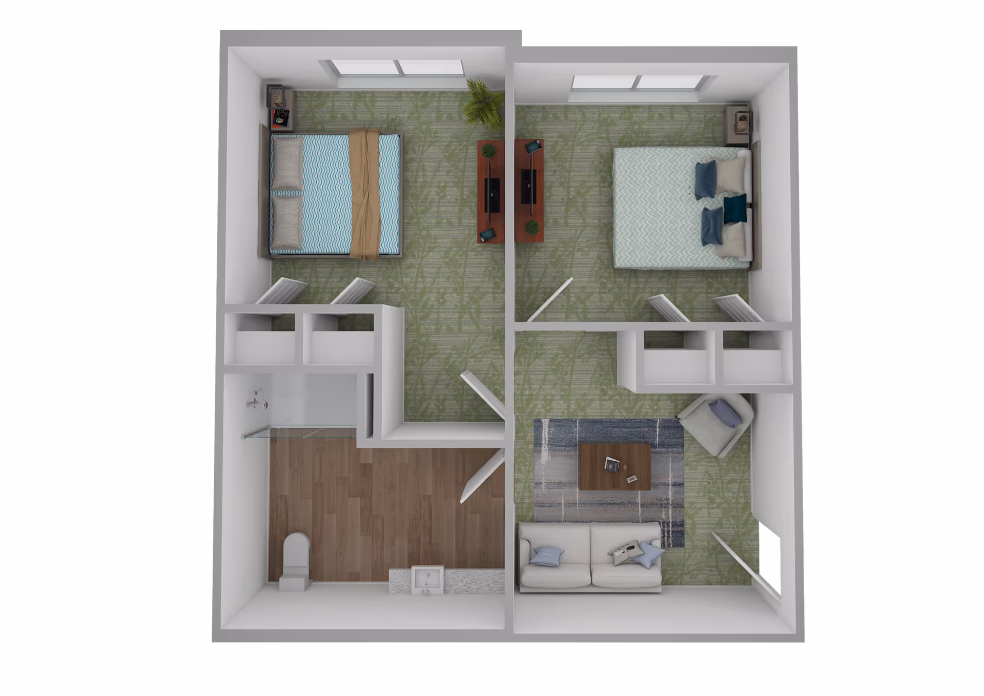 Top-down view of a two-bedroom apartment floor plan featuring two bedrooms with beds and nightstands, a living room with a sofa, armchair, coffee table, and rug, and a bathroom with a shower, toilet, and sink. The bedrooms and living room have green patterned carpet, and the bathroom has wood-style flooring.