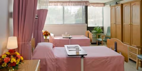 Two pastel-pink hospital-style beds with privacy curtains in a bright shared patient bedroom.