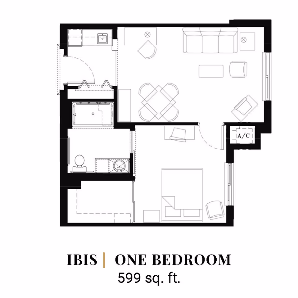 Architectural floor plan of a one-bedroom apartment named IBIS with a total area of 599 square feet. The layout includes a bedroom with a bed and chair, a living room with sofa, chairs, and a dining table with four chairs, a kitchen area with a sink, and a bathroom with a toilet and bathtub. There is also an A/C unit marked in the plan.